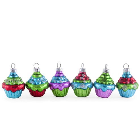 Image of Set Of Six Cupcake Design Glass Christmas Tree Baubles