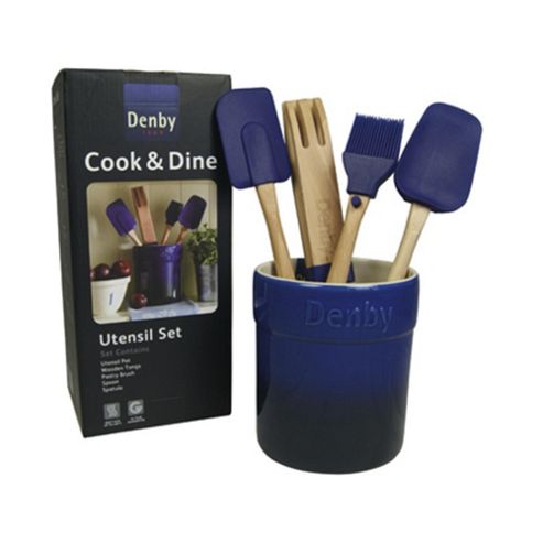 Image of Denby 5 Piece Kitchen Utensil Set With Holder, Imperial Blue