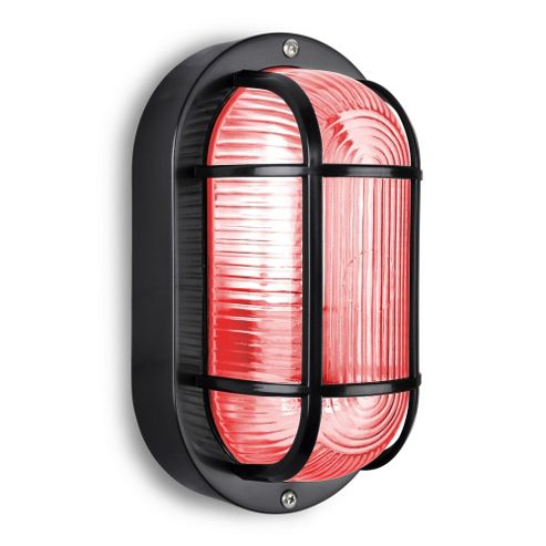 Image of Carnforth Ip44 Outdoor Security Bulkhead In Gloss Black With 4w Red Led Golfball Bulb