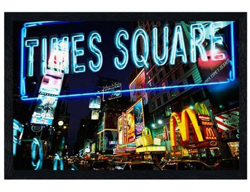 Image of New York City Black Wooden Framed Neon Lights In Times Square Poster