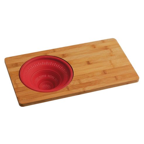 Image of Bamboo - Wooden Chopping Board With Silicone Colander - Natural / Red