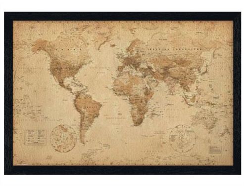 Image of Geographical World Map Black Wooden Framed Antique Style Map Poster