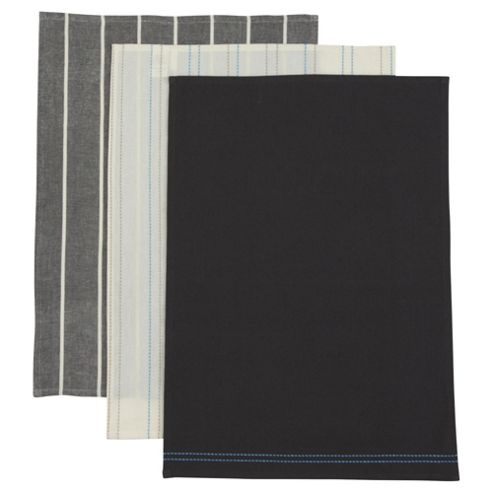 Image of Tesco Grey, Blue And Cream Stripe Tea Towels, 3 Pack