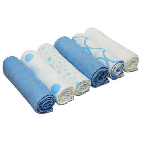Image of Cuddles Collection Pack Of 6 Muslin Squares (mixed Designs Blue)