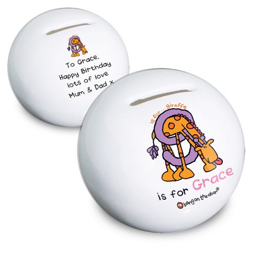 Image of Personalised Bang On The Door Animal Alphabet Girls Money Box