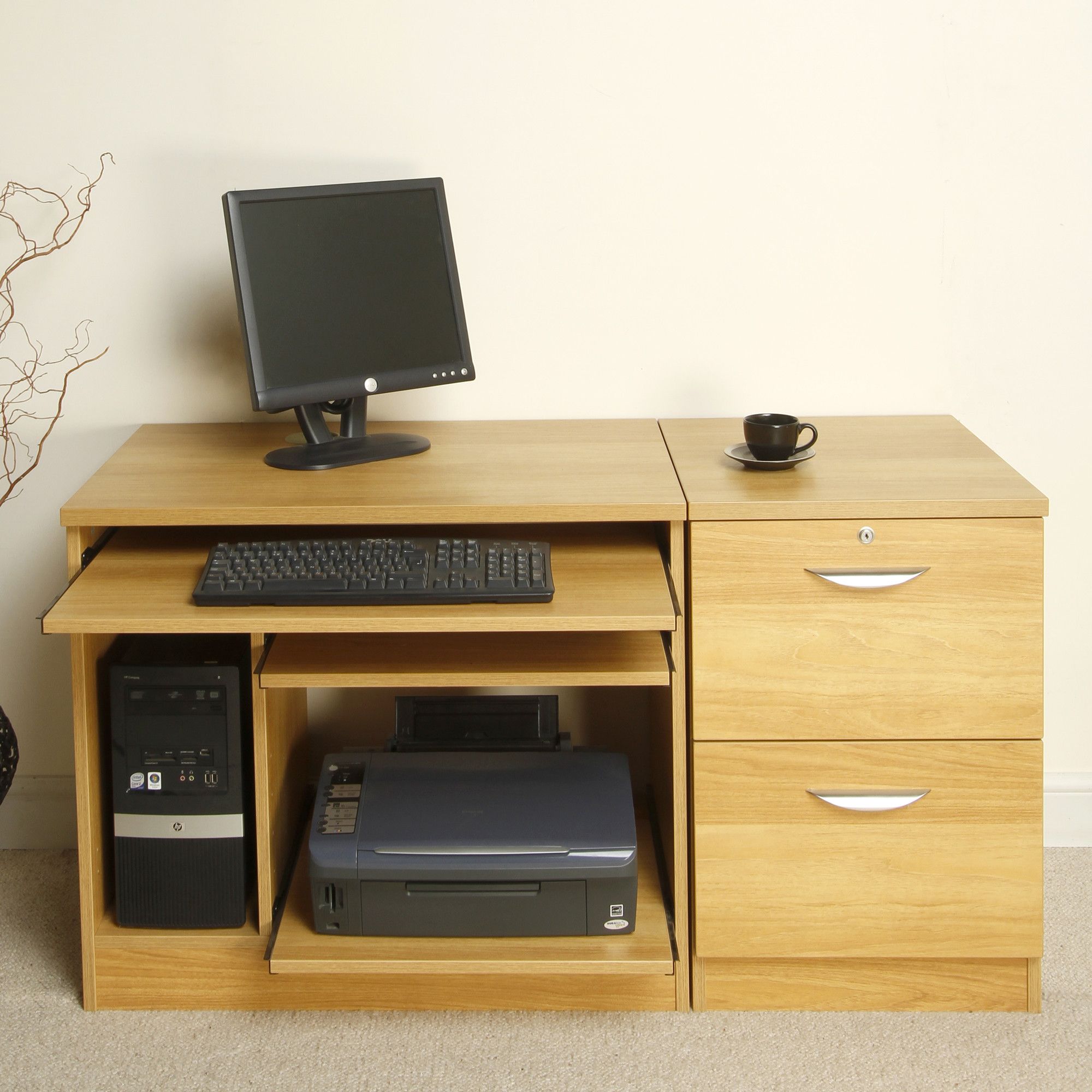 Enduro Home Office Desk / Workstation with Inbuilt Filing Cabinet and Printer / CPU Storage - Warm Oak at Tesco Direct