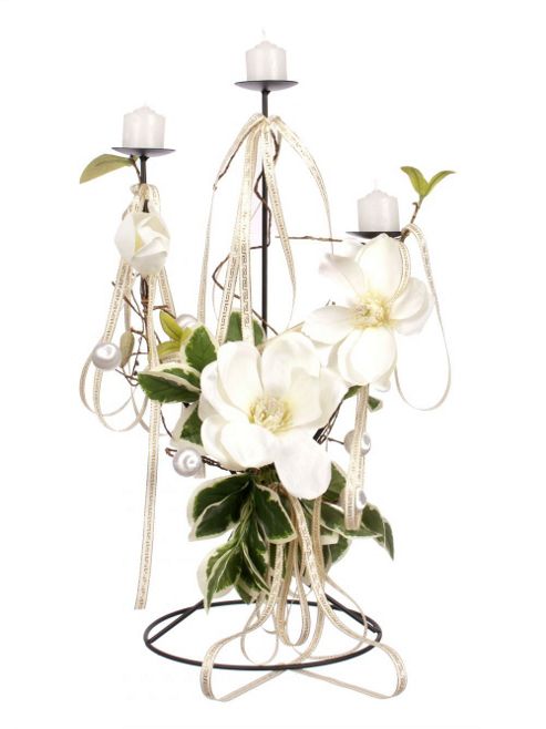Image of Artificial 50cm Real Touch White Magnolia, Mixed Foliage, Satin Ball, Ribbon And Candle Display On A Black Metal Stand