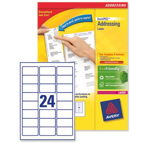 Image of Avery Addressing Labels Laser Jam-free 24 Per Sheet 63.5x33.9mm White Ref L7159-100 [2400 Labels]