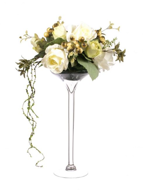 Image of Artificial 55cm White Rose, Green Berry And Mixed Foliage Display In A Tall Martini Glass Vase