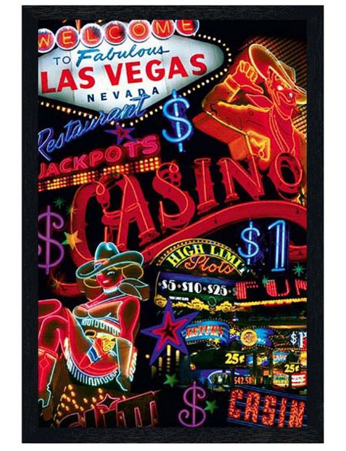 Image of Casino Signs Of Las Vegas Black Wooden Framed Sin City Illuminations Poster