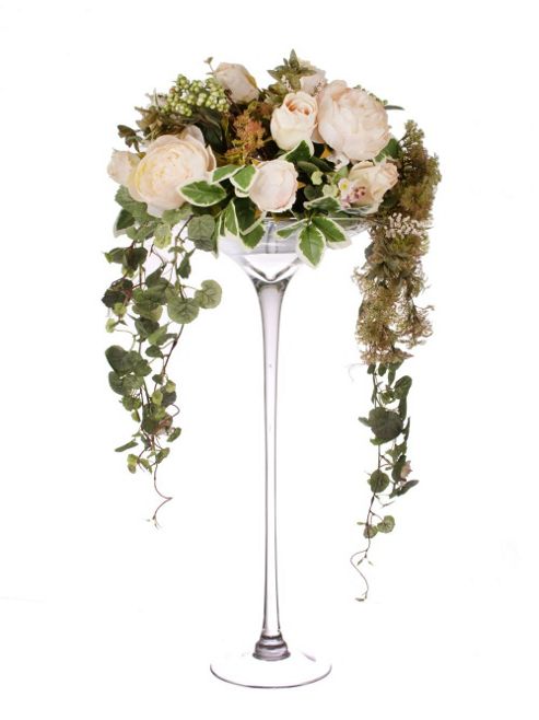 Image of Artificial 80cm Blush Pink Rose, Peony And Mixed Foliage Display In A Tall Martini Glass Vase