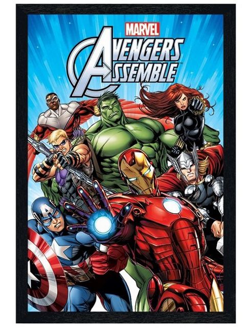 Image of Black Wooden Framed Marvel Avengers Assemble Characters Poster