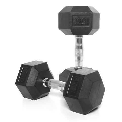 Image of Body Power 15kg Rubber Hex Dumbbells (x2)