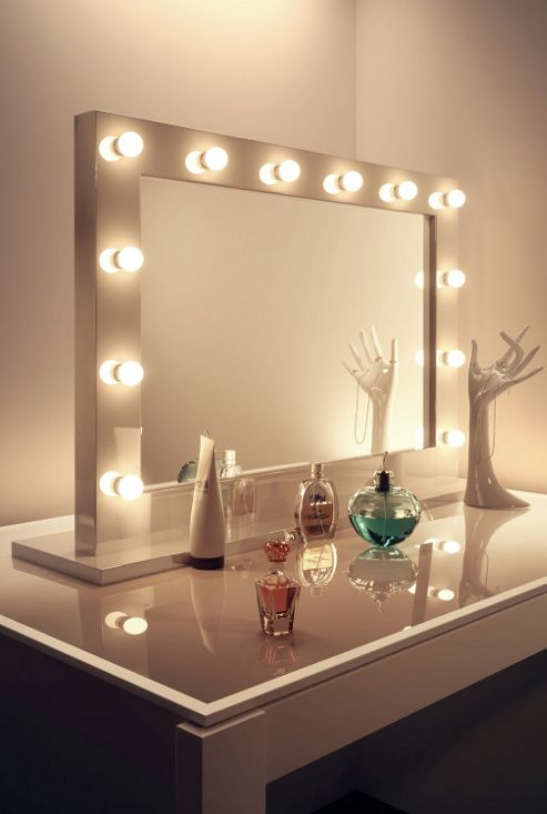 Image of High Gloss White Hollywood Makeup Dressing Room Mirror With Dimmable Bulbs K313