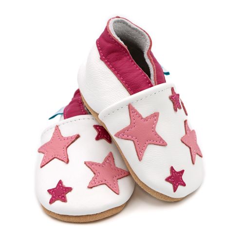 Image of Dotty Fish Soft Leather Baby Shoe - White And Pink Stars - White