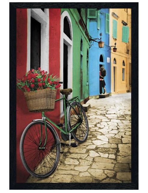Image of Bike With Flowers Black Wooden Framed Romantic Alleyway Poster