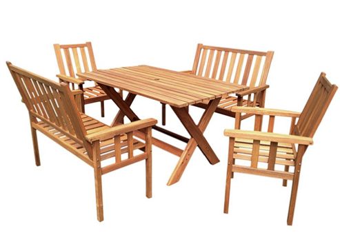 Image of Homestead Bench Dining Set - Homestead 'x' Leg Table 150 X 90cm, 2 Benches & 2 Armchairs