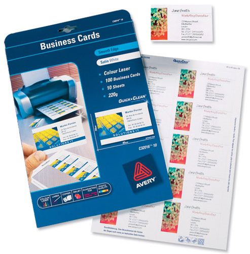 Image of Avery Quick And Clean Business Cards Laser 220gsm 10 Per Sheet Satin Colour Ref C32016-25 [250 Cards]