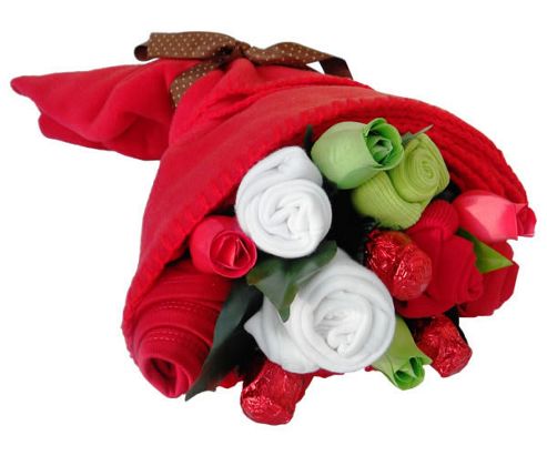 Image of Traditional Reds Mum And Baby Clothes Bouquet