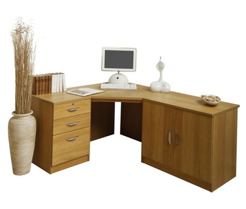Image of Enduro Home Office Corner Desk / Workstation With Pedestal And Cupboard - Warm Oak