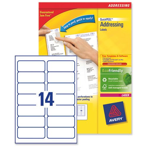 Image of Avery Addressing Labels Laser Jam-free 14 Per Sheet 99.1x38.1mm White Ref L7163-250 [3500 Labels]