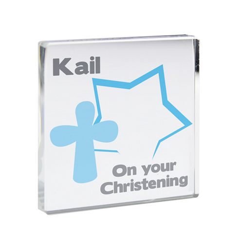 Image of Personalised Blue Star Cross Small Crystal Christening Token