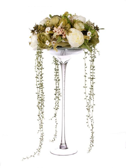 Image of Artificial 80cm White Peony, Green Peony And Mixed Foliage Display In A Tall Martini Glass Vase