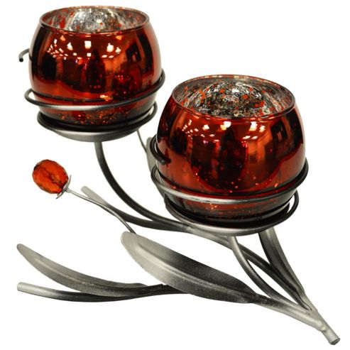 Image of Glow - Decorative Double Tulip Candle / Tea Light Holder - Red / Silver