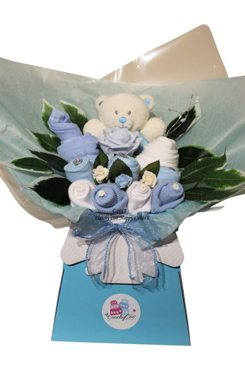 Image of Boys Blue Baby Clothes Bouquet With Toy