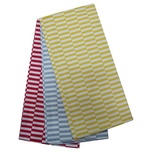 Image of Tesco Retro Rectangle Lemon Blue & Red Tea Towel 3 Pack