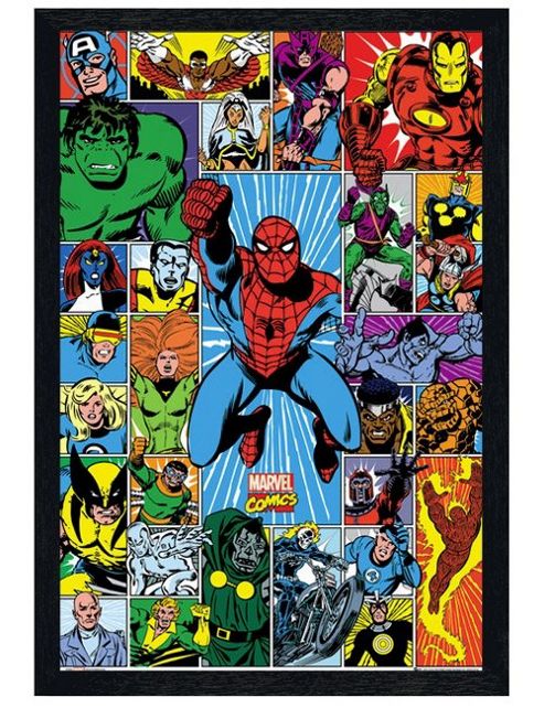 Image of Black Wooden Framed Marvel Comics Superhero Grid Poster