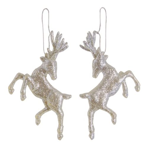 Image of Set Of Two Hanging Silver Glitter Reindeer Christmas Decorations