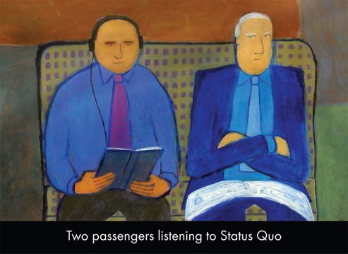 Image of Holy Mackerel Two Passengers Listening To Status Quo Greetings Card
