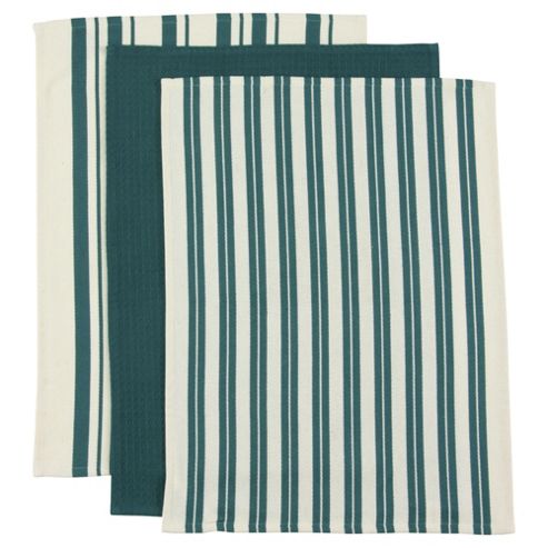 Image of Tesco Green And White Basket Weave Tea Towels, 3 Pack