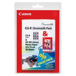 Canon Bundle CLI-8 (C/M/Y) Ink Tank + GP-501 (4x6) Paper Pack (50 Sheets)