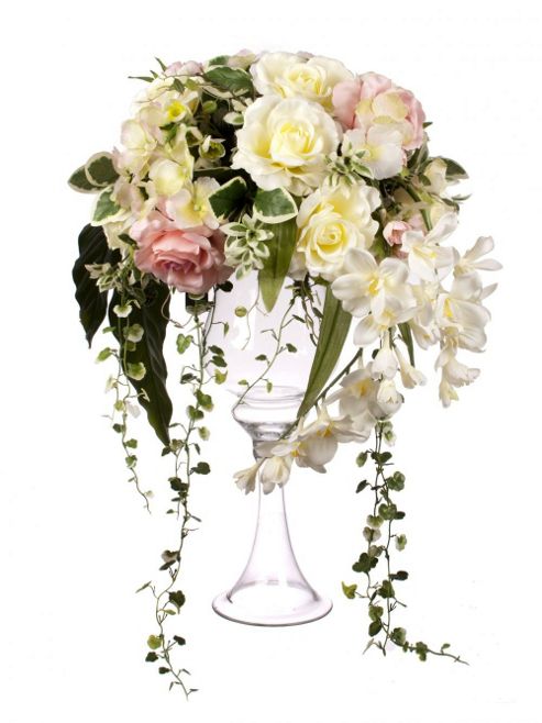Image of Artificial 60cm White Rose, Pink Rose, Dendrobium Orchid And Mixed Foliage Display In A Tall Goblet Glass Vase