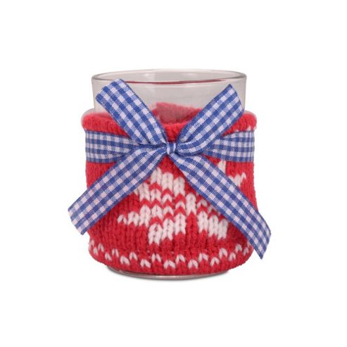Image of Red Knitted Covered Glass Christmas Tealight Holder