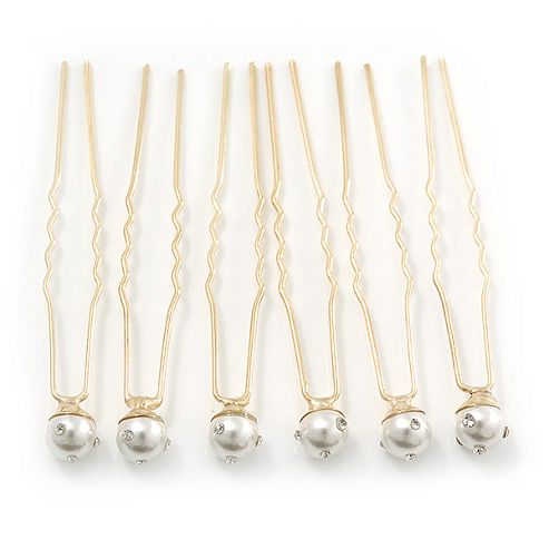 Image of Bridal/ Wedding/ Prom/ Party Set Of 6 Gold Plated Crystal Simulated Pearl Hair Pins