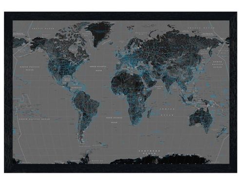 Image of Black Wooden Framed Black & Blue World Map Poster