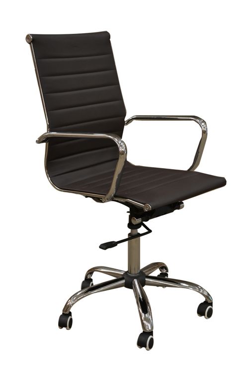 Image of Eames Style High Back Ribbed Brown Faux Leather Office Chair
