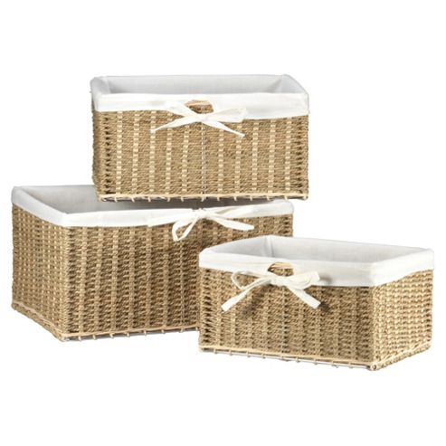 Image of Tesco Seagrass Fabric Lined Baskets, Set Of 3