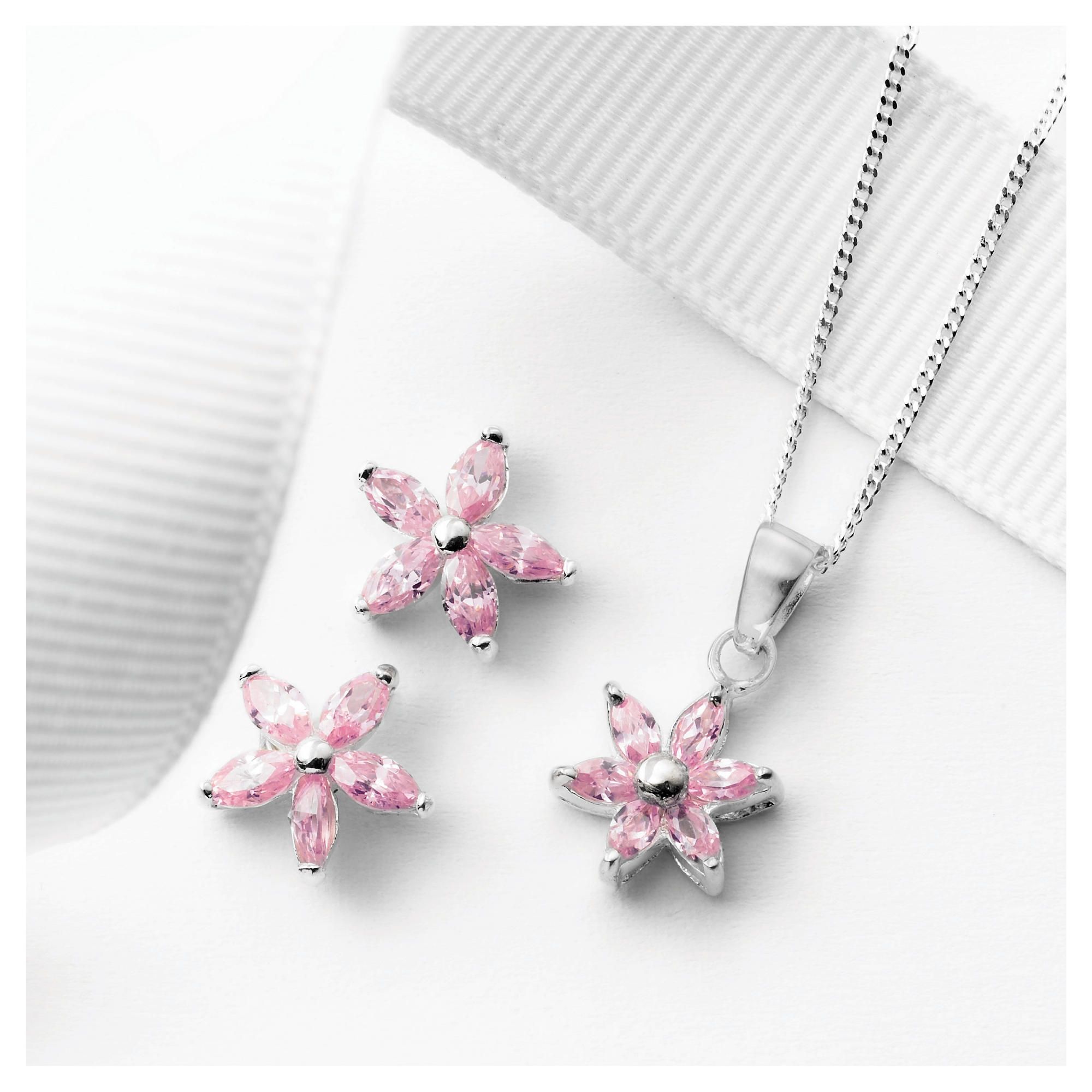 Sterling Silver Pink Cubic Zirconia Flower Earring And Pendant Set 