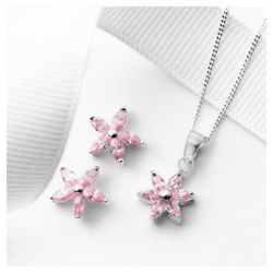 Sterling Silver Pink Cubic Zirconia Flower Earring And Pendant Set