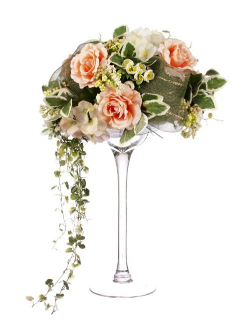 Image of Artificial 60cm Coral Rose, Coral And Cream Hydrangea And Mixed Foliage Display In A Tall Martini Glass Vase