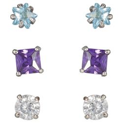 Sterling Silver White And Purple Cubic Zirconia 3 Stud Set