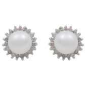 9ct White Gold Pearl And Diamond Cluster Studs