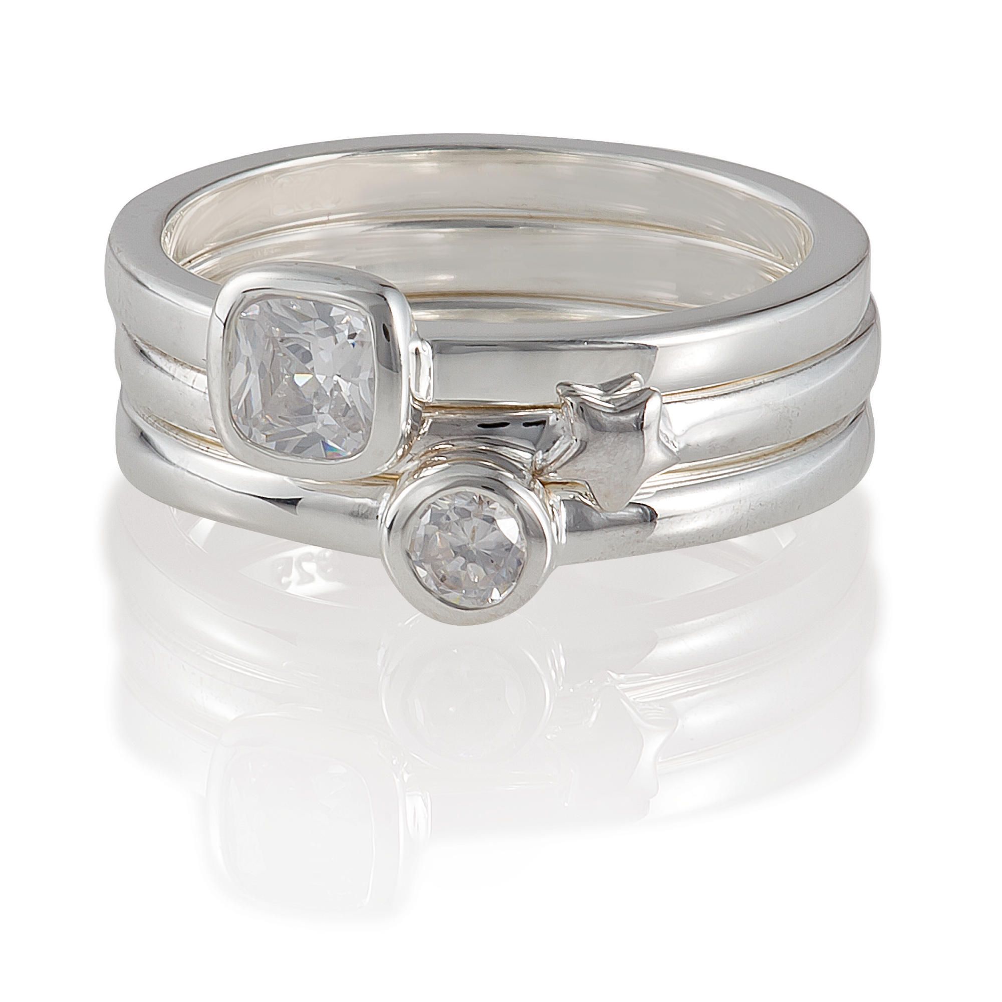 Sterling Silver Cubic Zirconia And Star Stacking Rings, Large