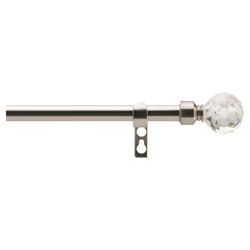 16-19mm Extendable Metal Curtain Pole Faceted Glass Finial, Satin Steel 120-210cm