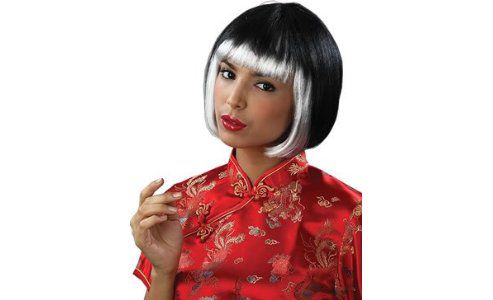 Image of Black Bob Wig With White Fringed Wig