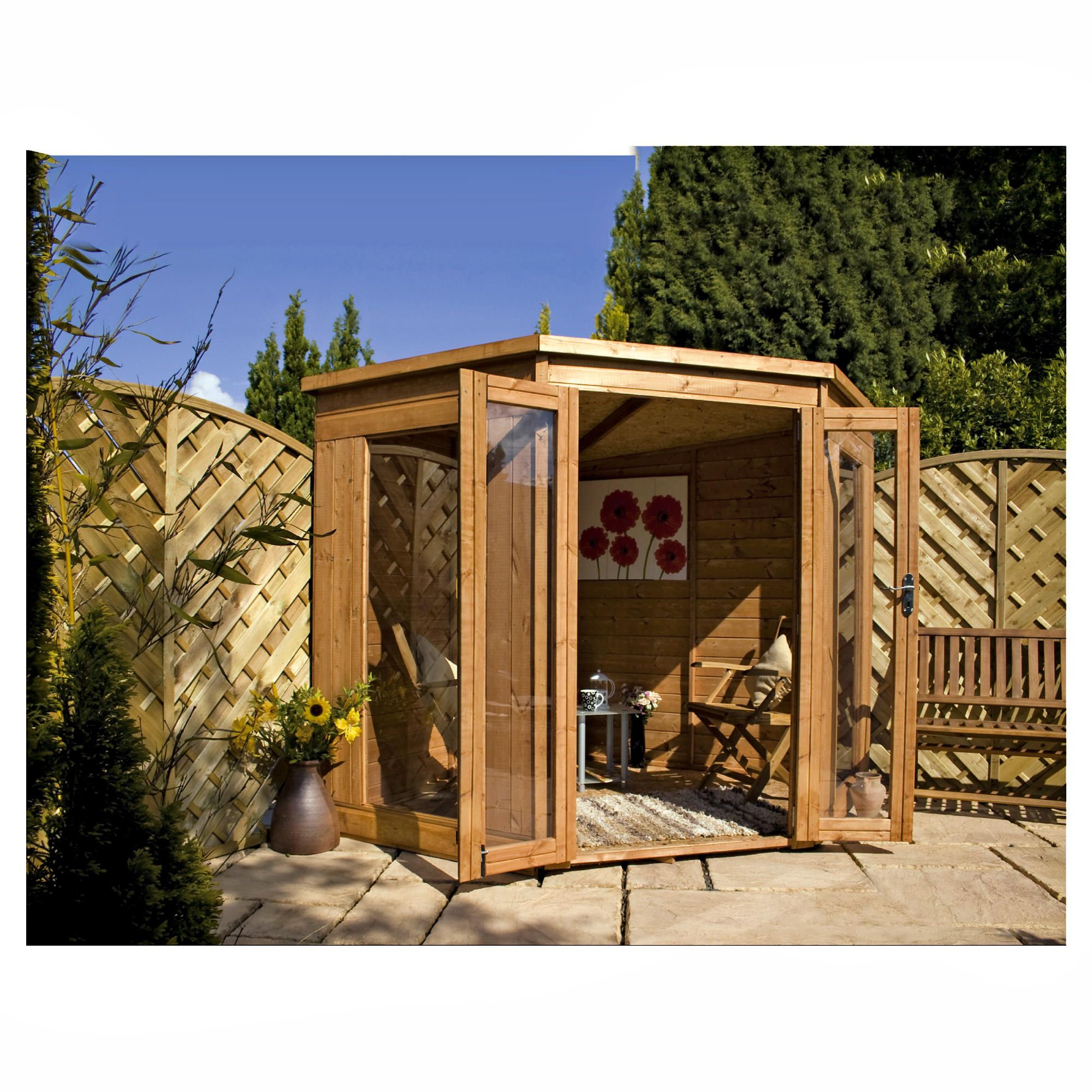 7x7 Corner Summerhouse with installation at Tescos Direct